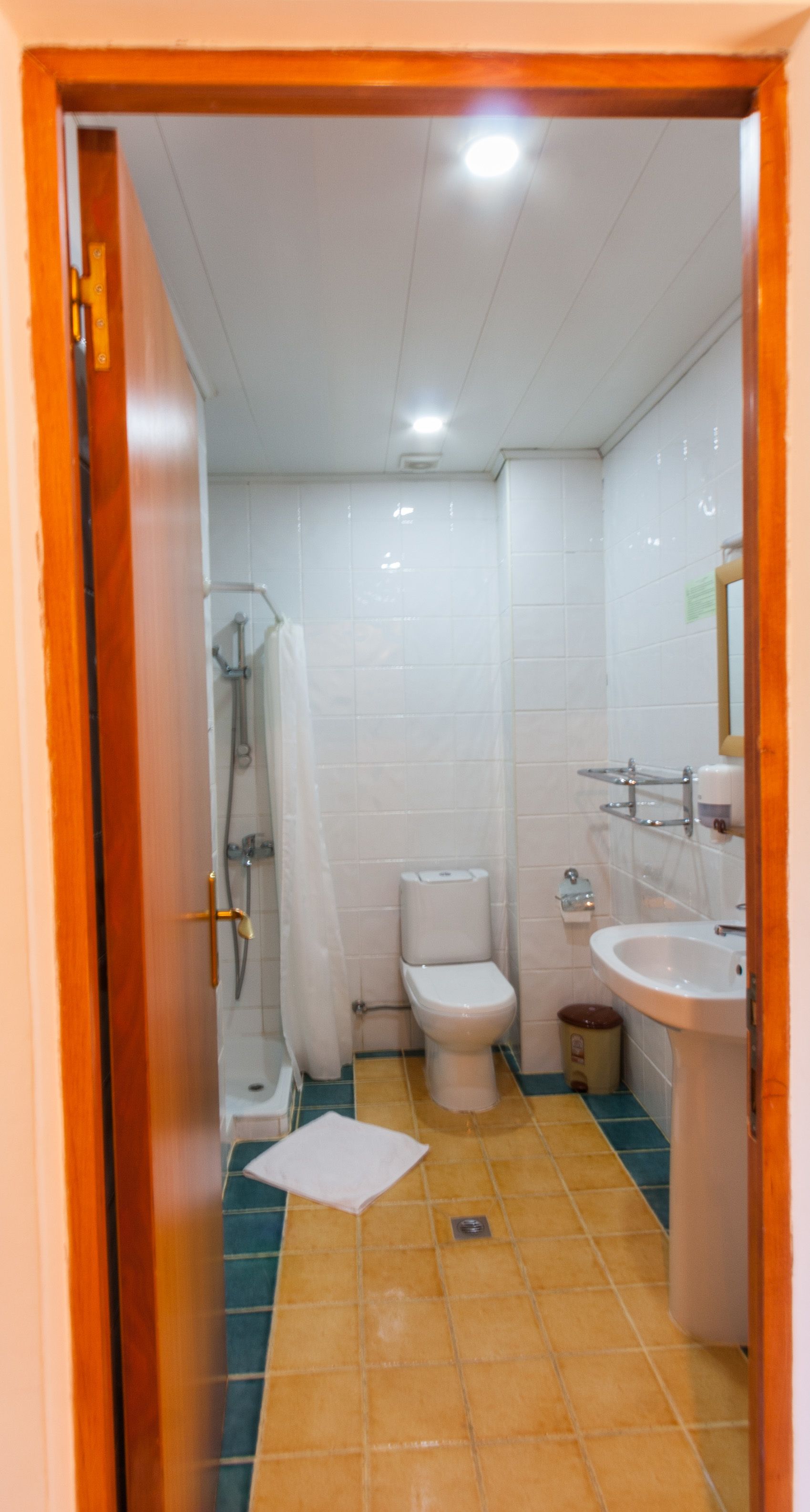 A small, compact bathroom with a shower, toilet, and sink.