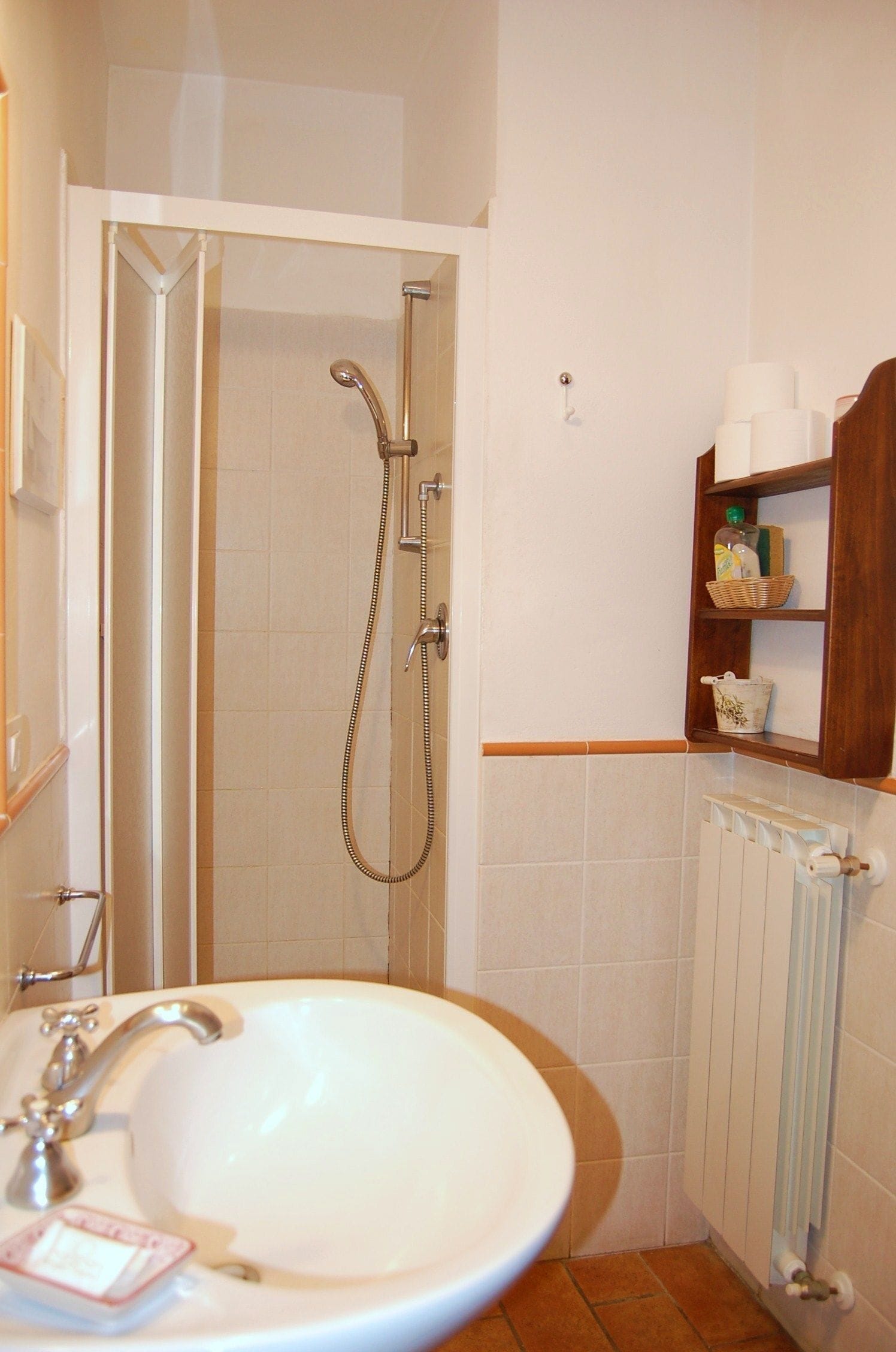 A bathroom with a white sink, a shower, and a wooden shelf with toiletries.