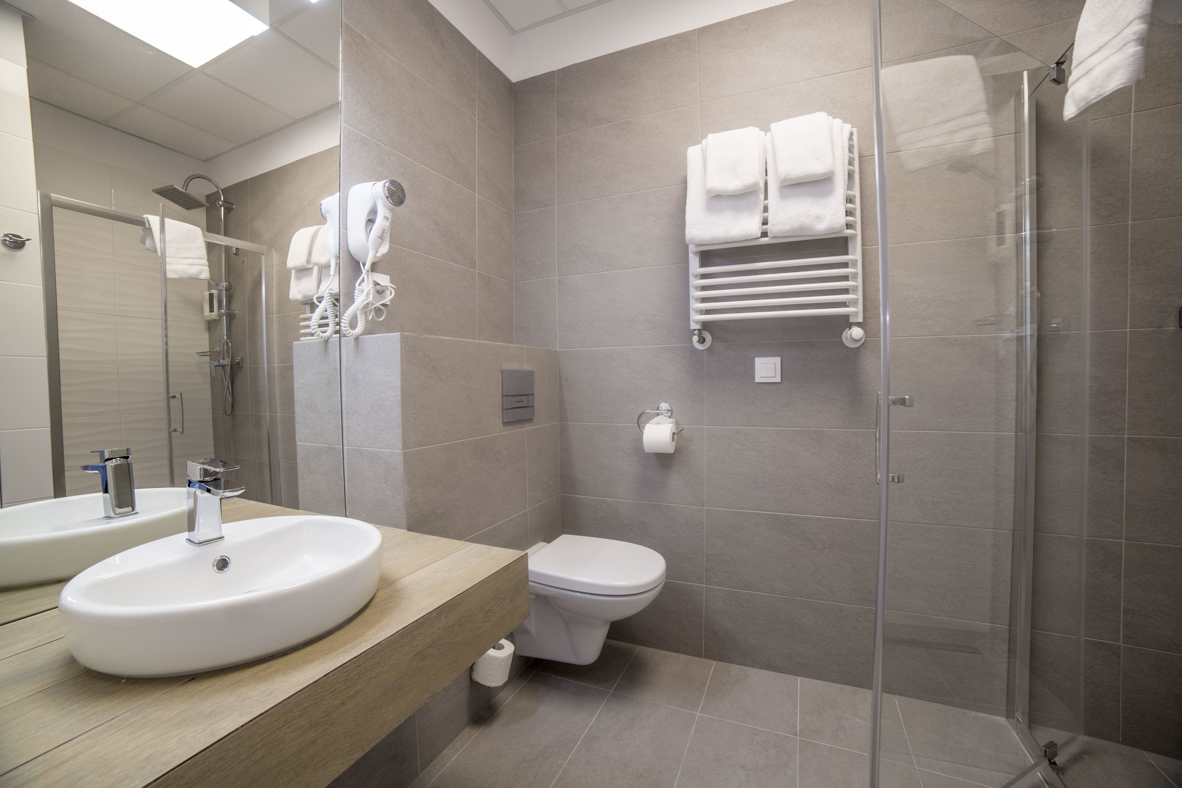 A modern bathroom with a sink, toilet, and glass shower enclosure.