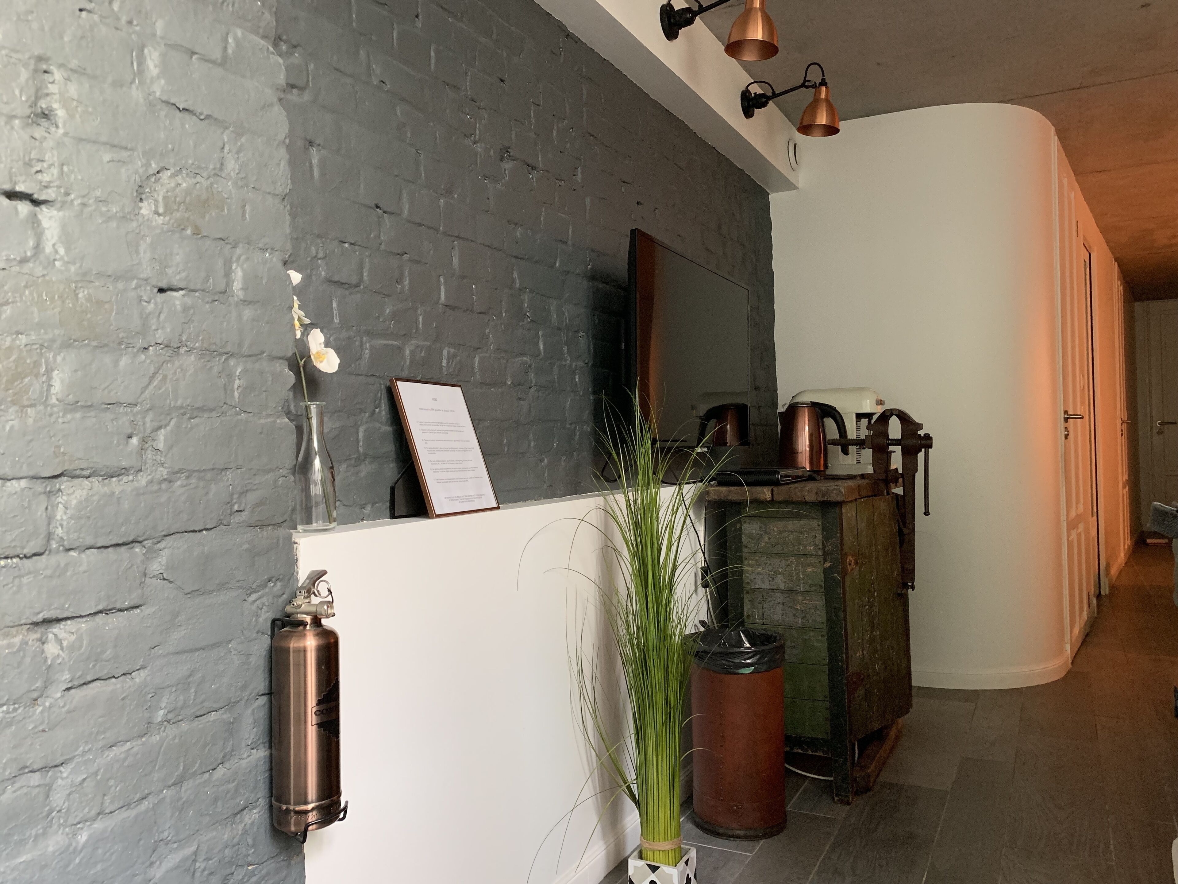Une cuisine moderne avec un mur en briques, un grand miroir, des appareils de cuisine en cuivre et une plante en pot.