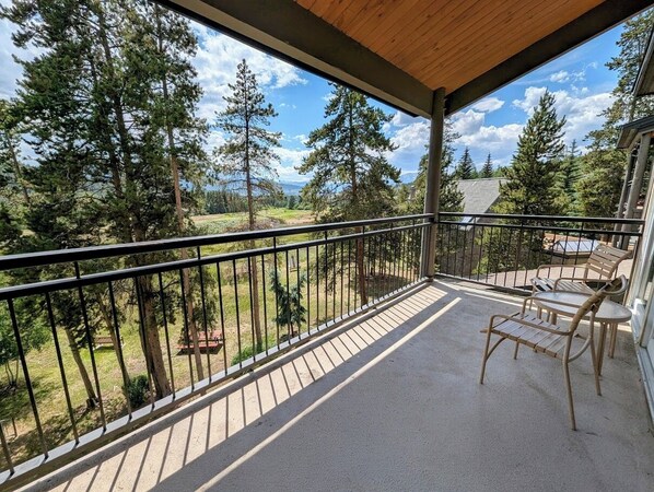 Un balcon fermé offrant une vue sur une forêt et des montagnes.