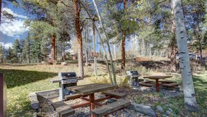A picnic area with wooden benches and a grill, surrounded by trees and a sign indicating a park.