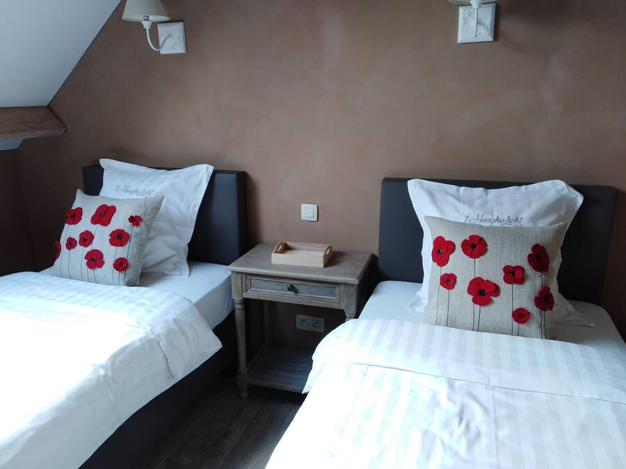 Une chambre d’hôtel avec deux lits, chacun agrémenté d’un oreiller orné de fleurs rouges. Une petite table de chevet en bois est placée entre les deux lits.
