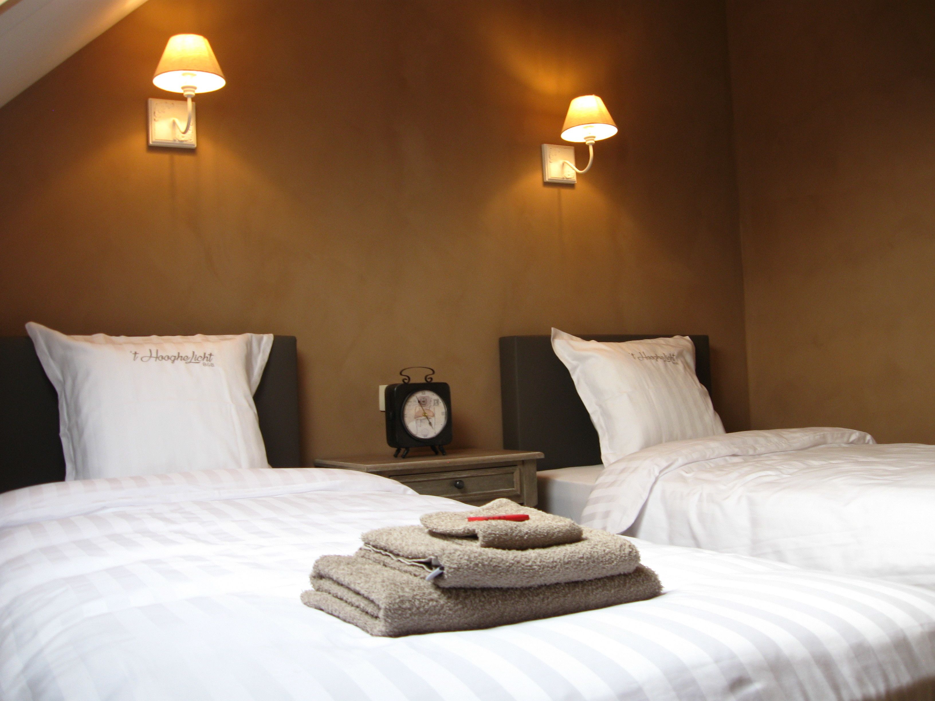 Una habitació d'hotel amb dos llits, cadascun amb un coixí etiquetat "Hooghe Licht", una taula de nit amb un rellotge i dues làmpades penjades a la paret.