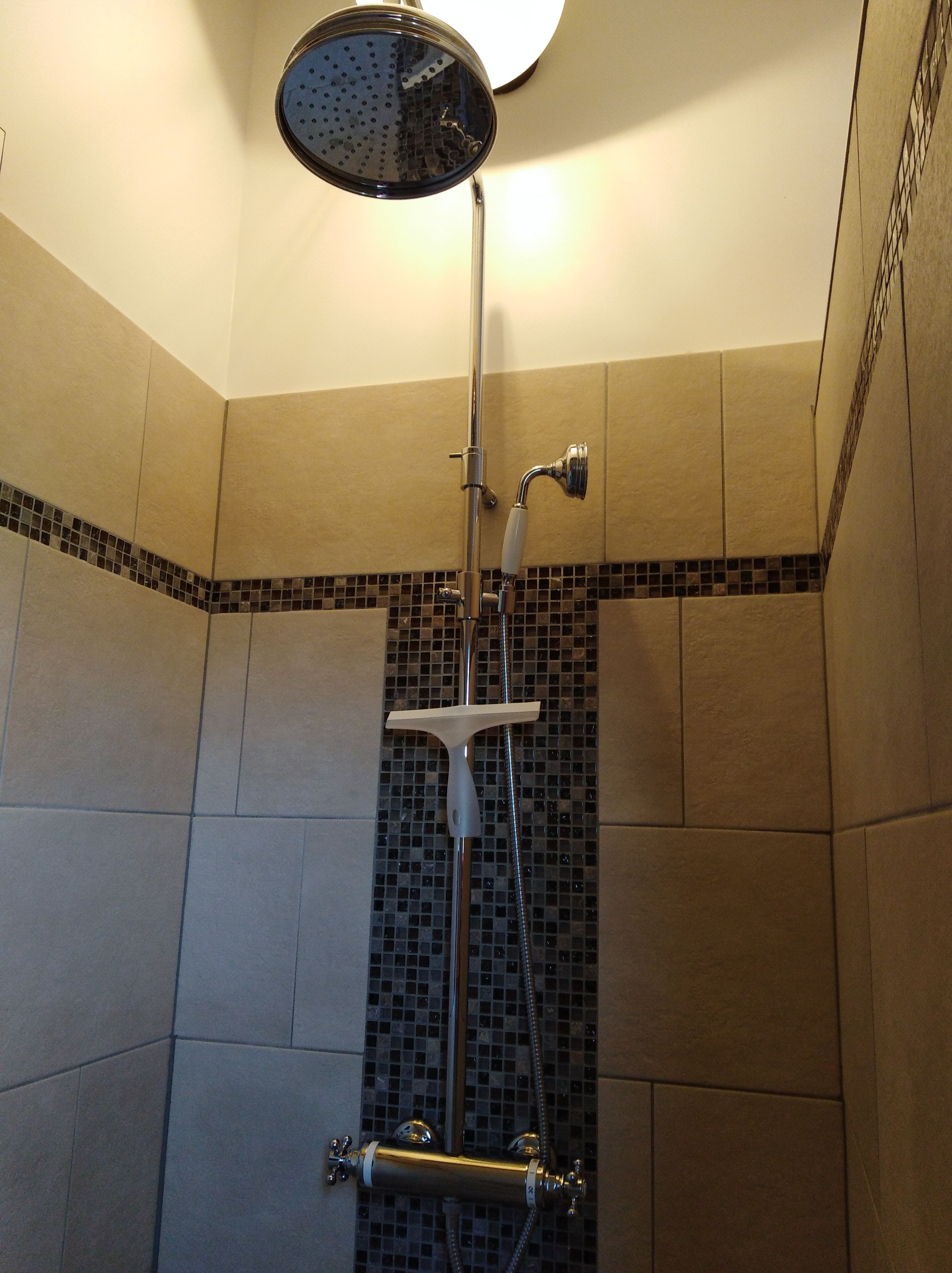 Een douche met een handdouche, een wandmengkraan en een bedieningshendel.