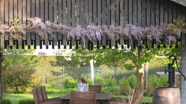 Une pergola en bois ornée de fleurs violettes, une table en bois avec des chaises et une pompe à eau.