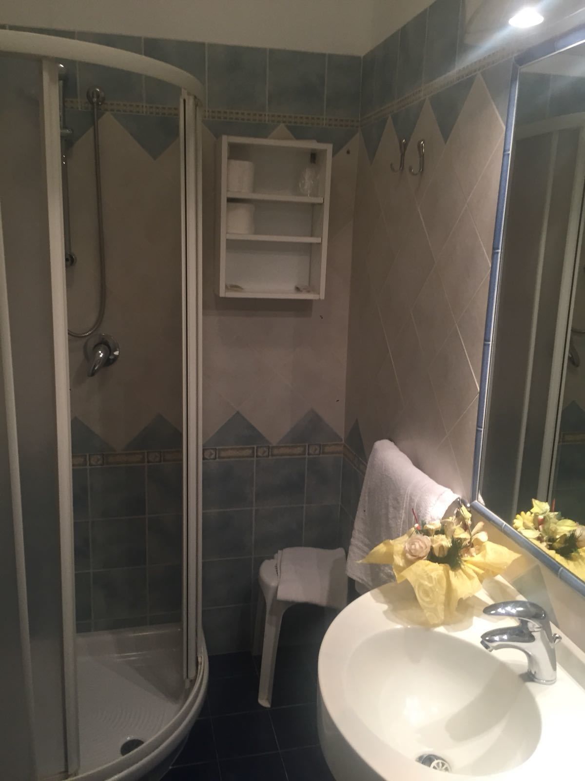 Un bagno con doccia vetrata, lavabo con specchio e portasciugamani.