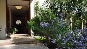Un vialetto che conduce all'ingresso di un edificio con una finestra circolare e una pianta in vaso.