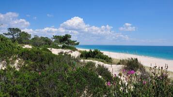 On the beach, white sand, beach towels, beach bar