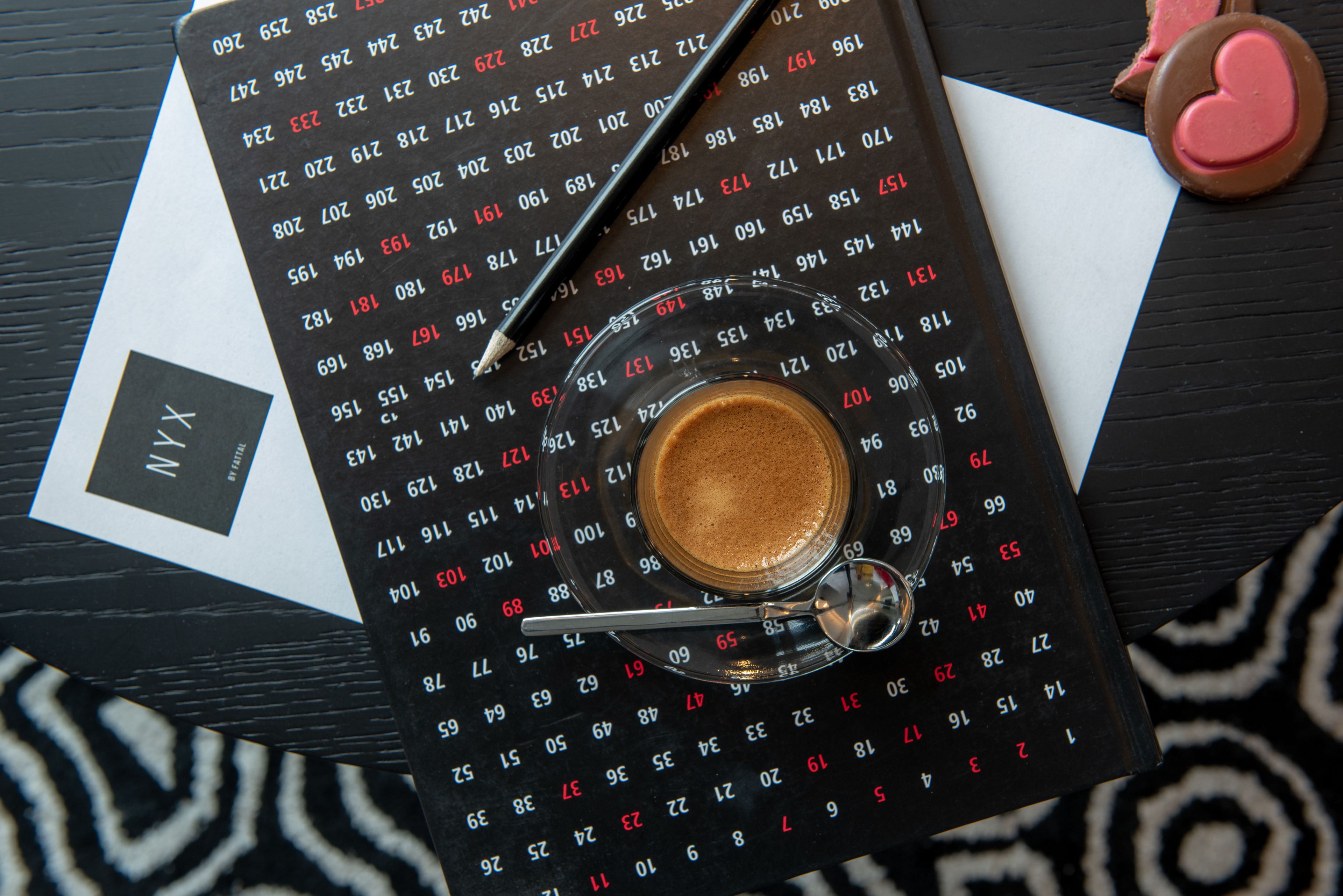 A calendar with a coffee cup and a pair of glasses on top.