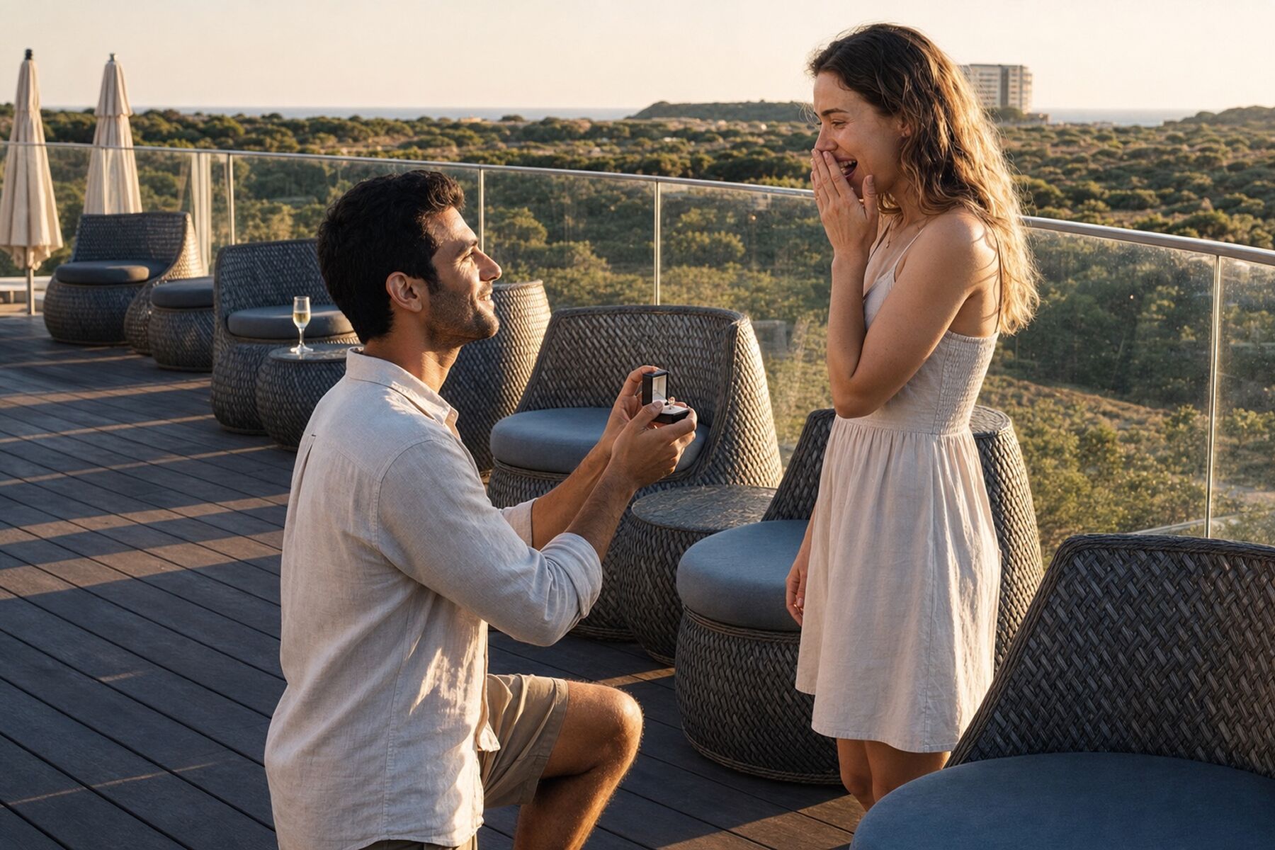 Un hombre le pide matrimonio a una mujer en una terraza en la azotea, con asientos al aire libre y vistas del paisaje.