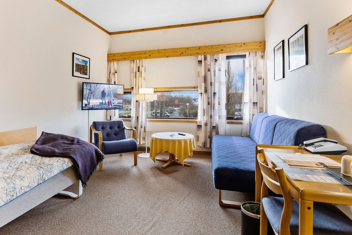A hotel room with a bed, a sofa, a chair, a small table, a TV, and a window with curtains.