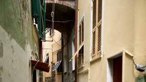 A narrow alleyway between buildings with a door on the right and a window on the left. - Guesthouse Rollando (Vernazza)