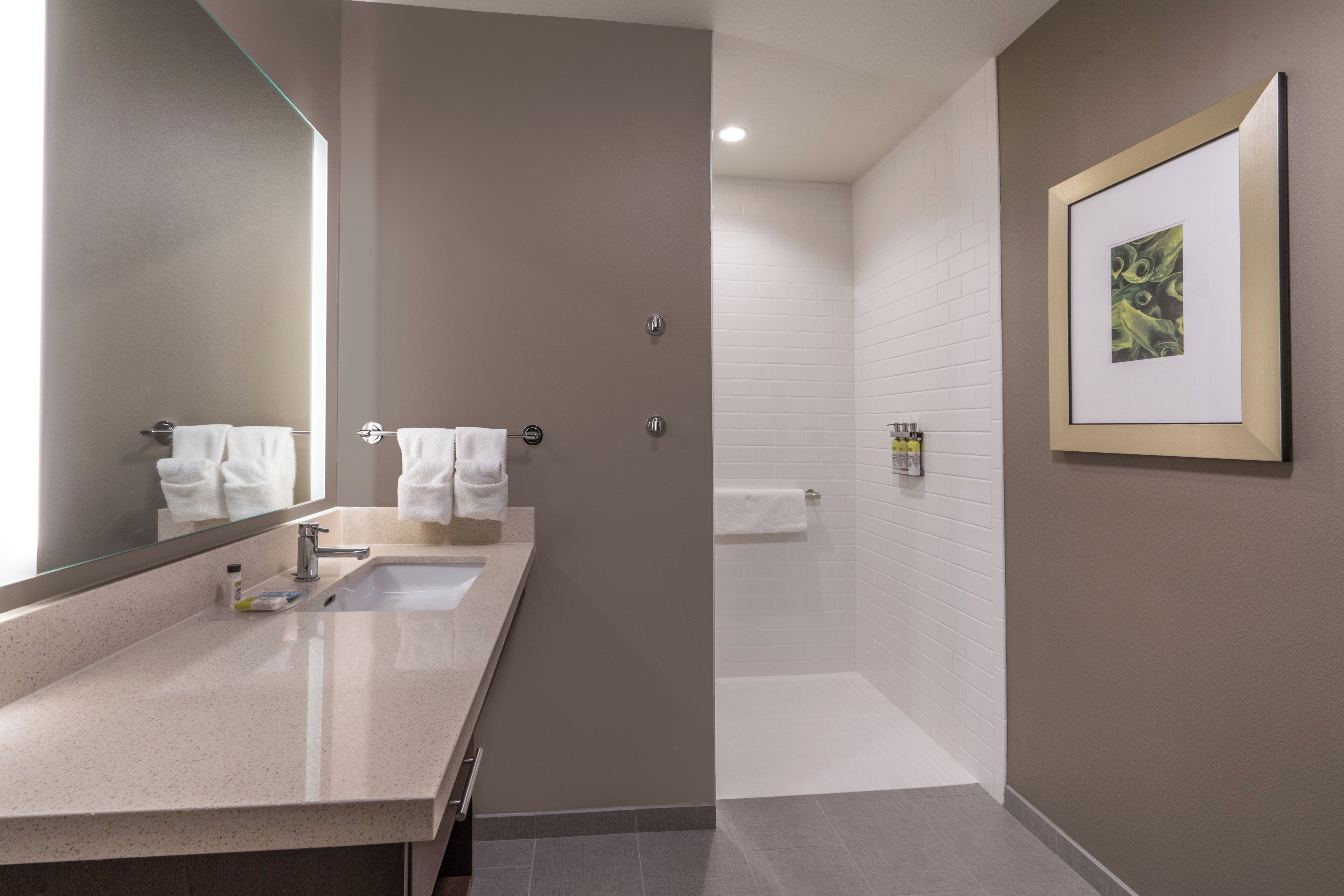 A modern bathroom with a double sink, a large mirror, a framed artwork on the wall, and a shower area.