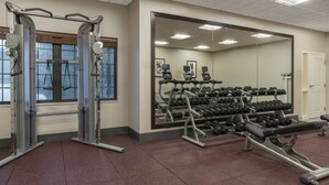 Een sportschool met fitnessapparatuur, waaronder een squatsysteem, gewichten en loopbanden.