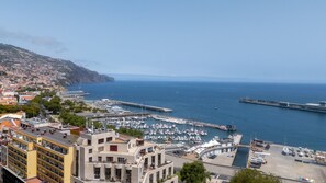 A coastal cityscape with a marina, buildings, and a clear view of the sea.
