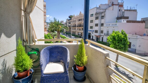 Un balcón con una silla de mimbre, dos plantas en macetas y vistas a edificios y una palmera.