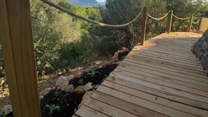 Une promenade en bois bordée d’une barrière en corde, entourée de verdure et avec des montagnes en arrière-plan.