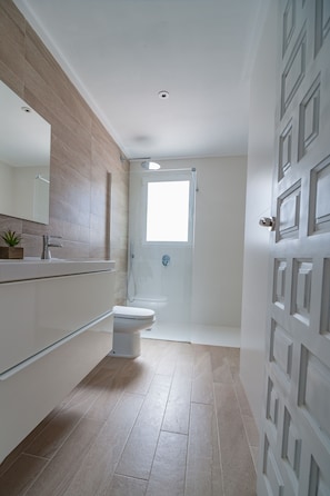 Combined shower/tub, hair dryer, towels, soap