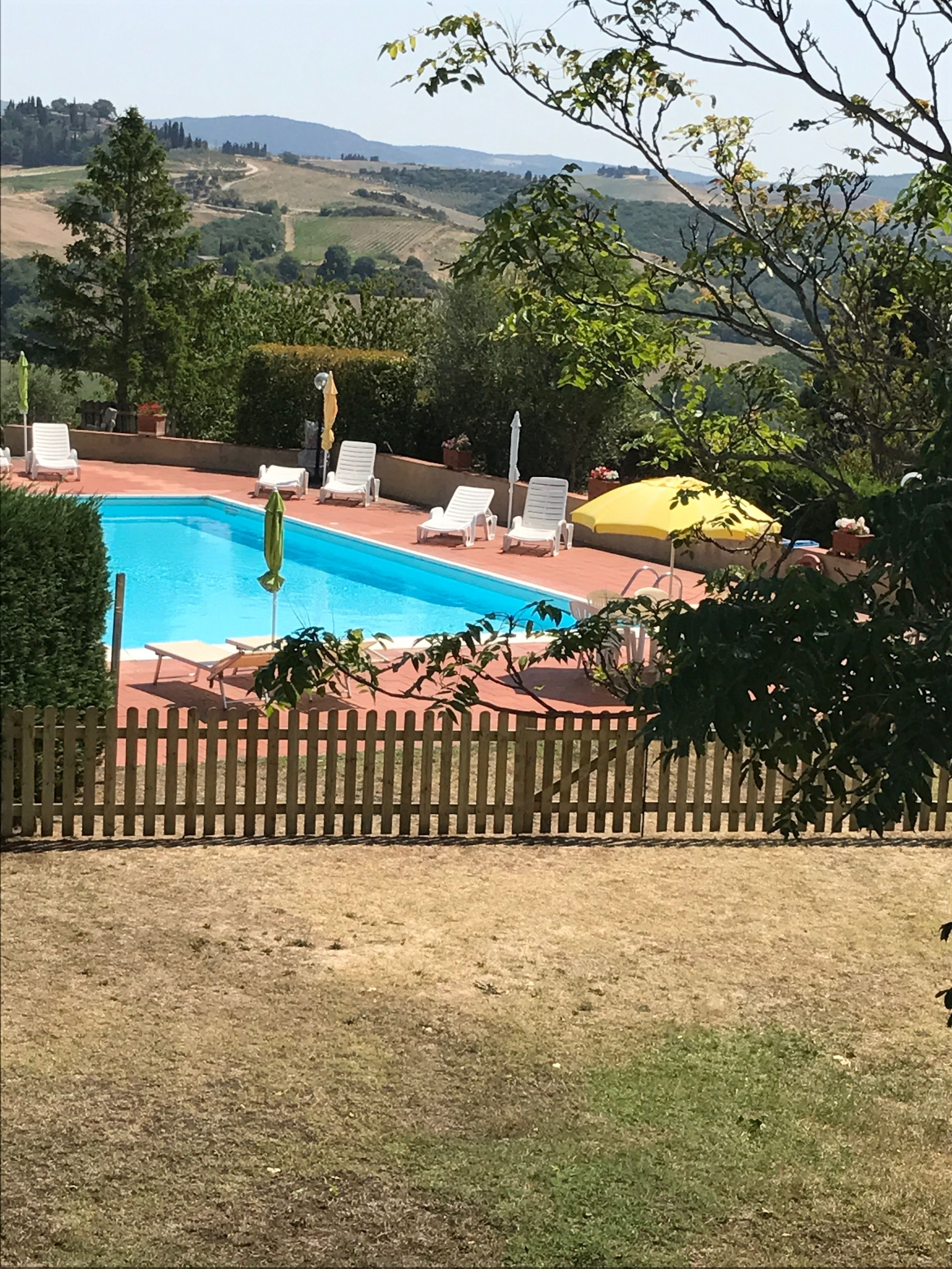 Piscina con sillas de descanso y sombrillas, rodeada por una cerca de madera y vegetación.
