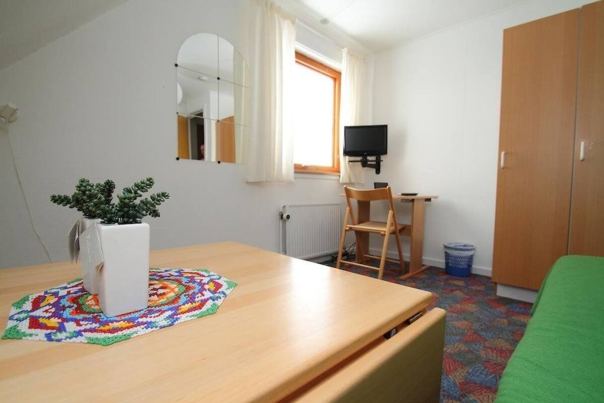 Une petite pièce bien rangée, avec un lit, un bureau équipé d’un ordinateur, une chaise, un téléviseur, un miroir et une plante en pot.