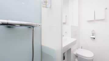 Een douche, milieuvriendelijke toiletartikelen, een haardroger