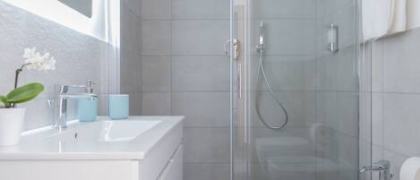 A modern bathroom with a glass shower enclosure, a white sink, and a bidet.