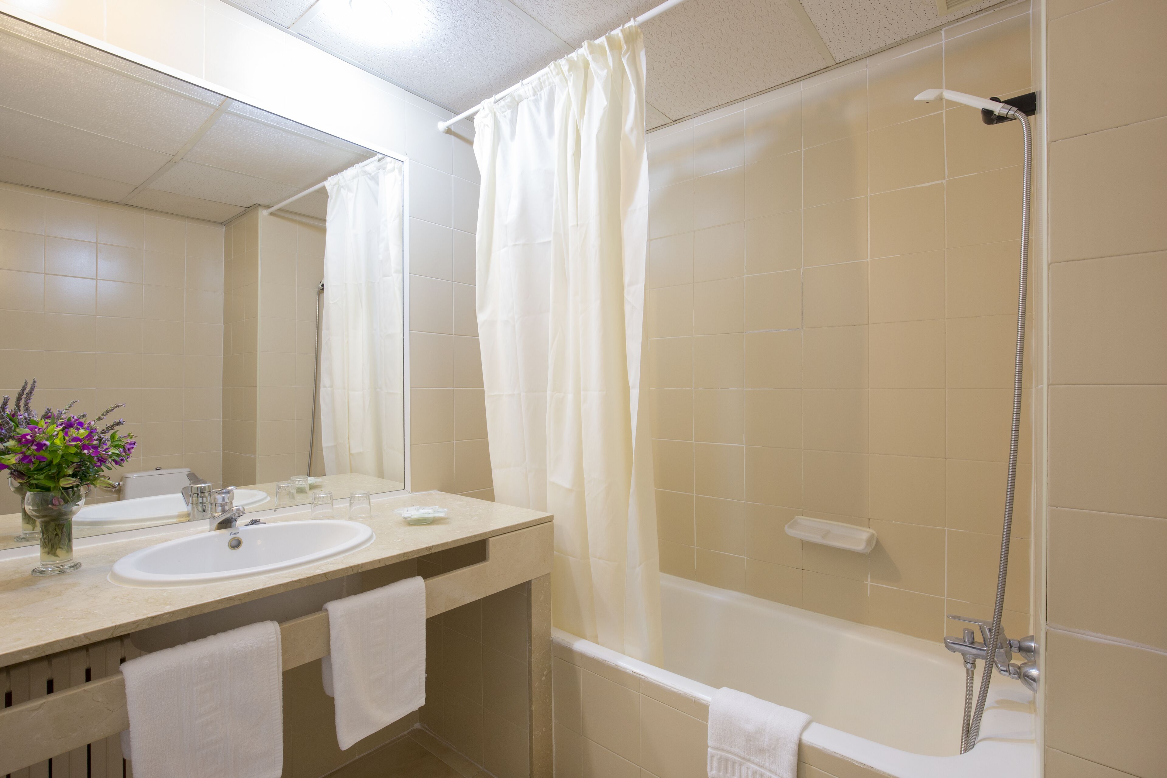 deep-soaking bathtub, free toiletries, hair dryer, towels