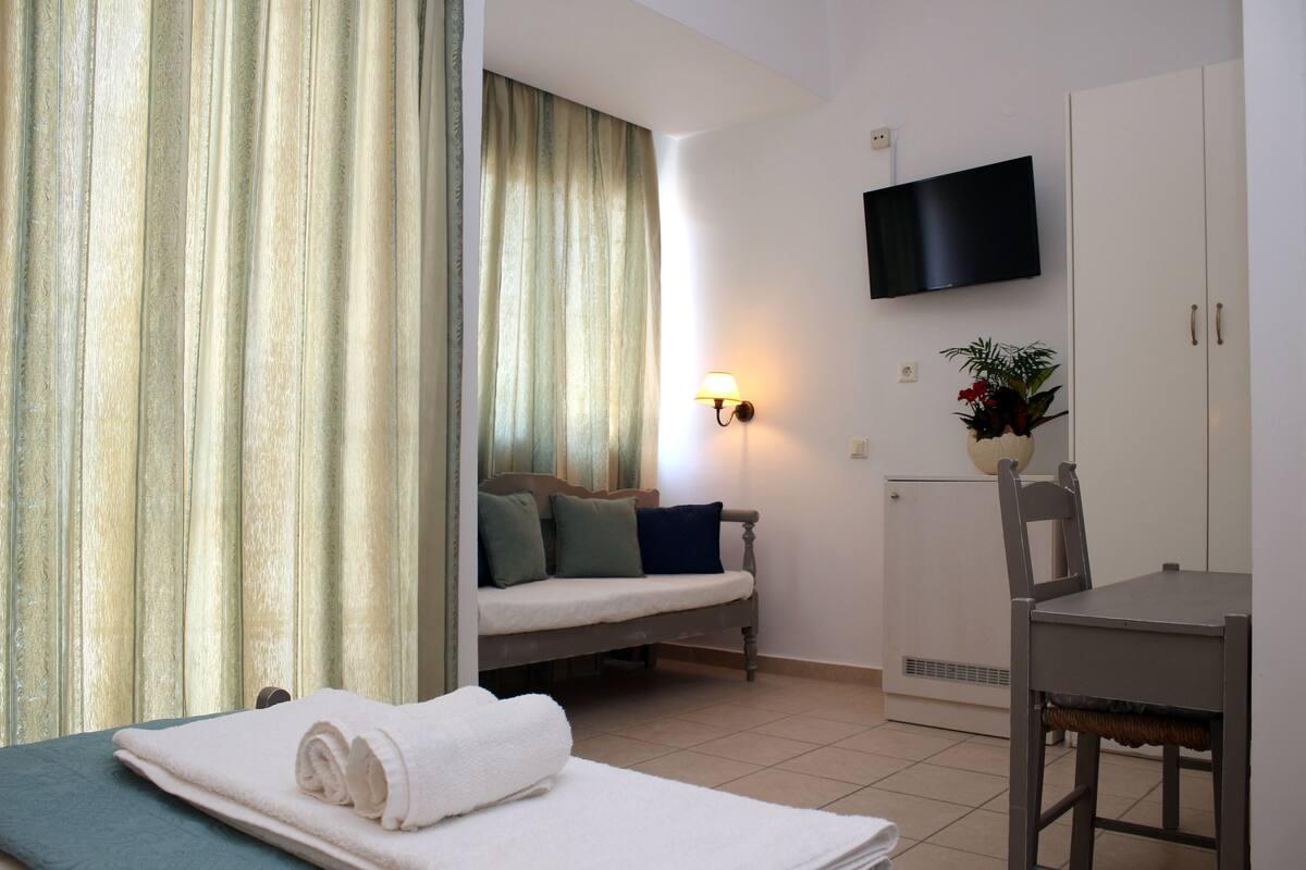 Una habitación de hotel con cama, escritorio, silla, televisión y una planta pequeña.