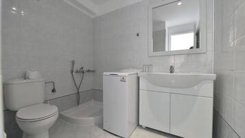 A modern bathroom with a toilet, a shower, and a sink.