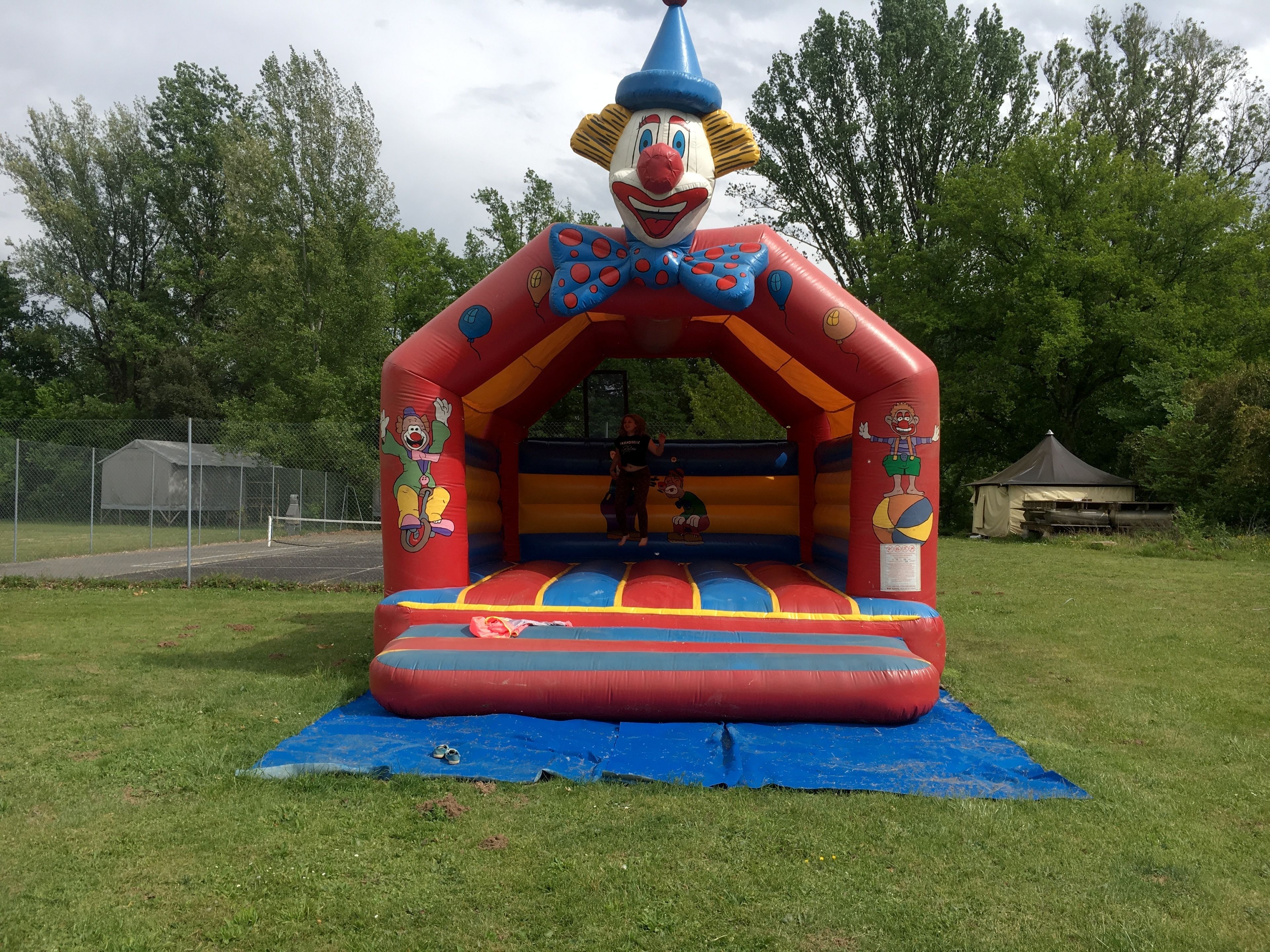 A colorful inflatable bounce house with cartoon characters, set on a grassy field.