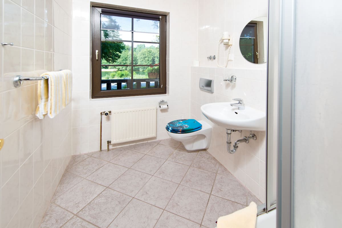 shower, free toiletries, hair dryer, towels