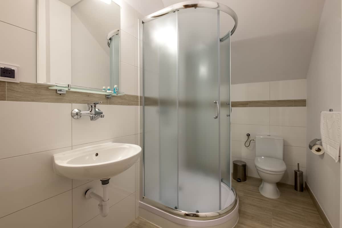 Shower, free toiletries, hair dryer, towels