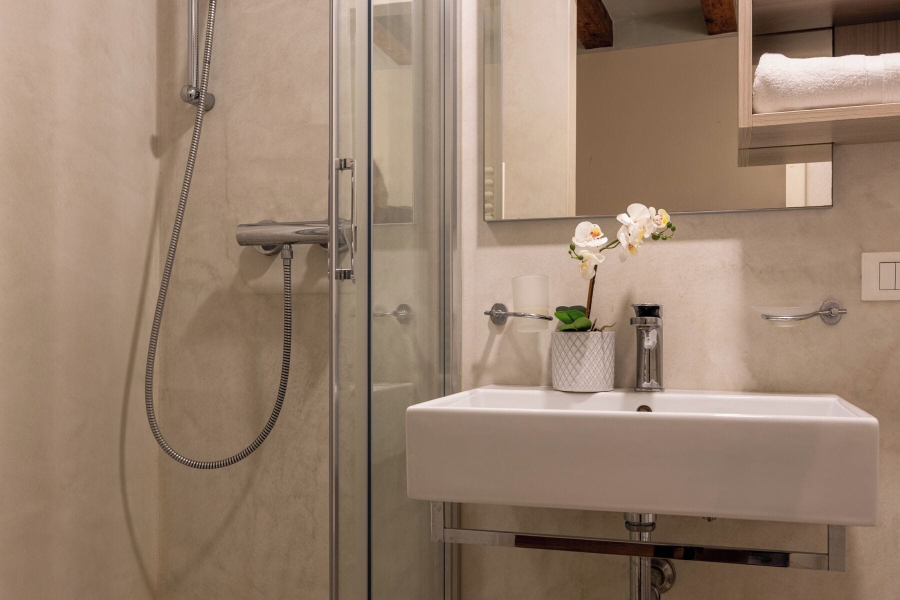 Une salle de bain avec une douche à parois de verre, un lavabo blanc et un miroir au-dessus. On trouve un porte-serviettes au-dessus du lavabo et une petite orchidée en pot posée sur le lavabo.