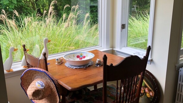 Un espace repas avec une table en bois, des chaises et une vue sur la verdure grâce à de grandes fenêtres.