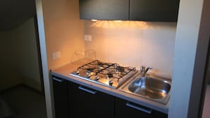 Una cocina compacta con estufa a gas, un lavamanos y un armario.