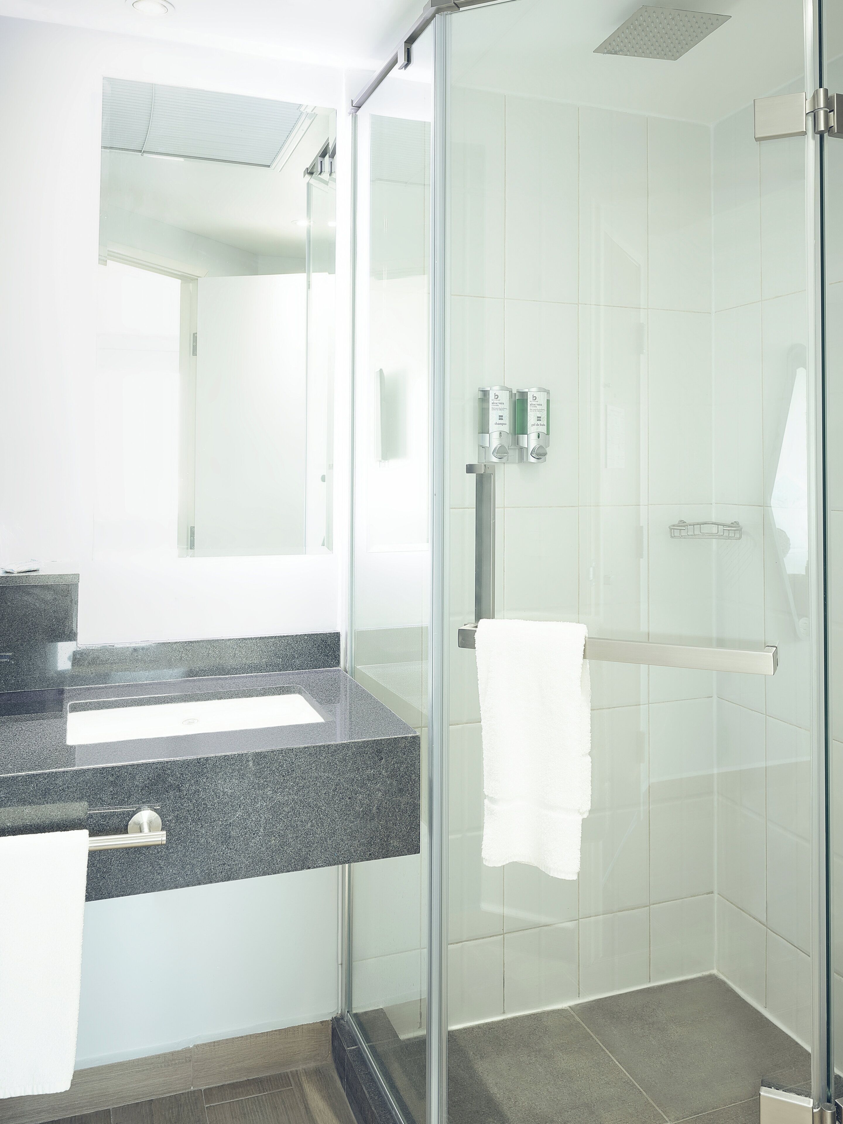 shower, eco-friendly toiletries, towels