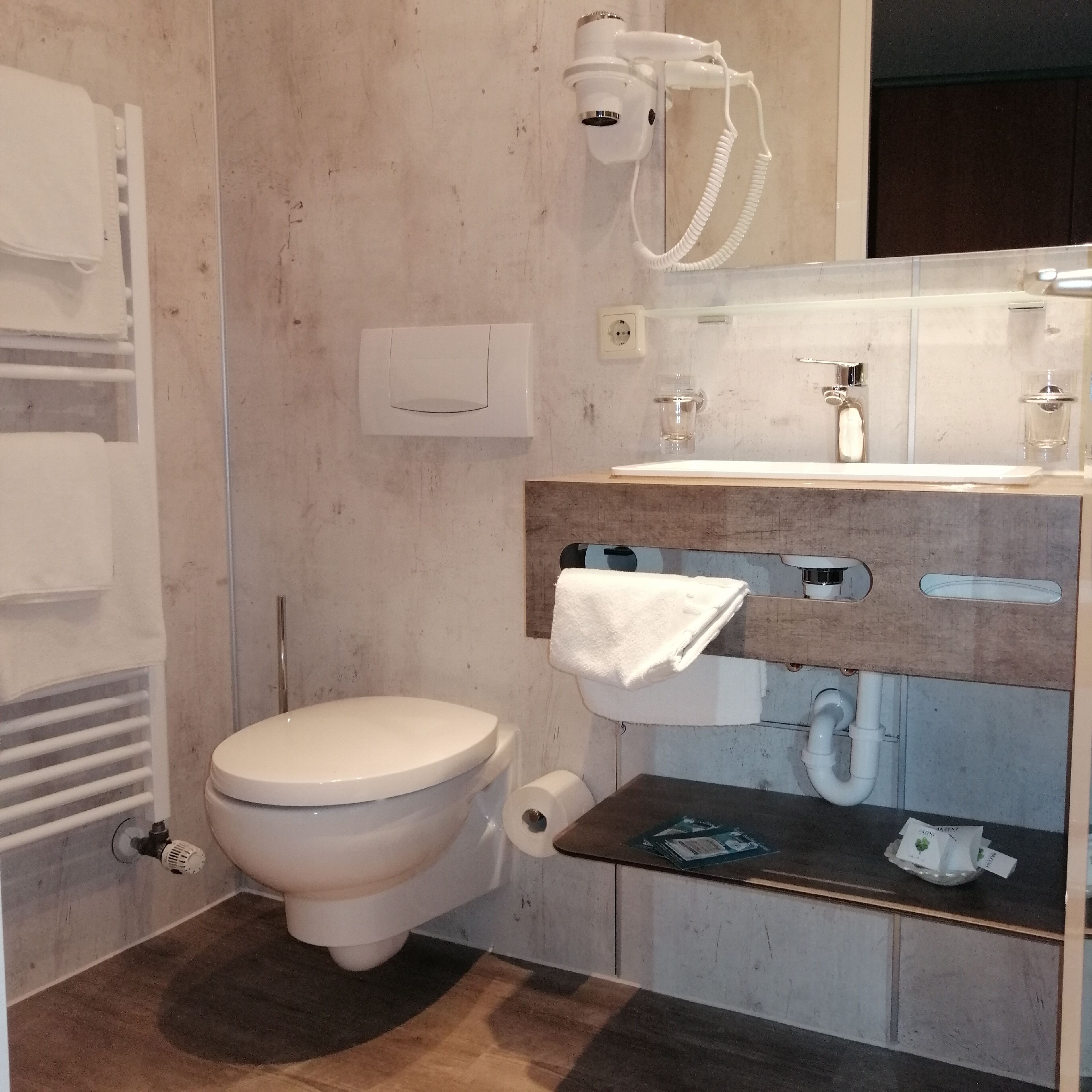 A bathroom with a toilet, a sink, a hairdryer, and a towel rack.