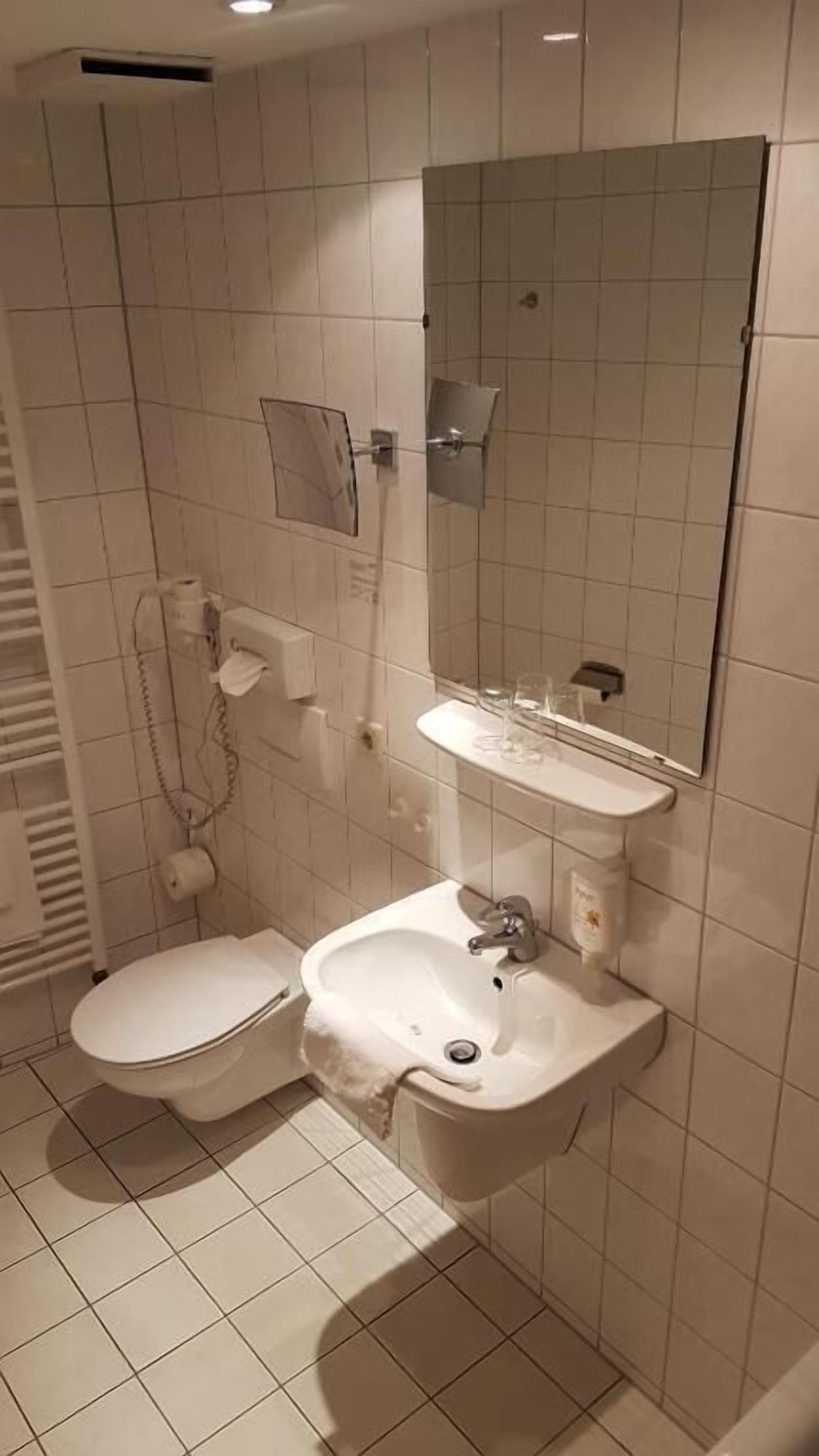 A bathroom with a toilet, sink, and mirror.