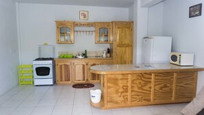 A compact kitchen with wooden cabinets, a stove, a sink, and a microwave. - Corinth Grove Apartment (St. David)