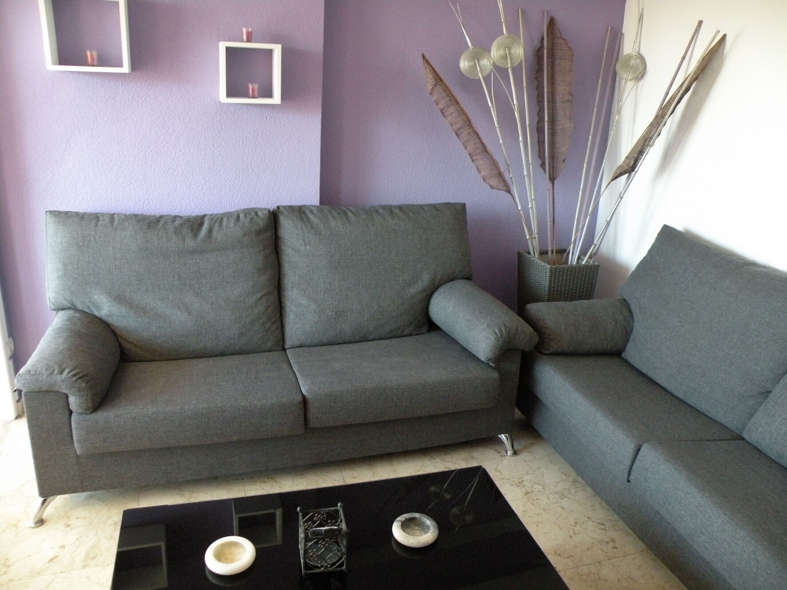 A living room with a grey sofa, a black coffee table, and decorative items including tall grasses and a small basket.