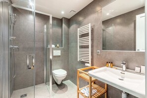 Shower, hair dryer, towels