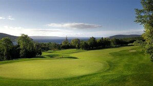Un campo de golf con un fairway bien cuidado, bunkers de arena y un mástil con bandera.