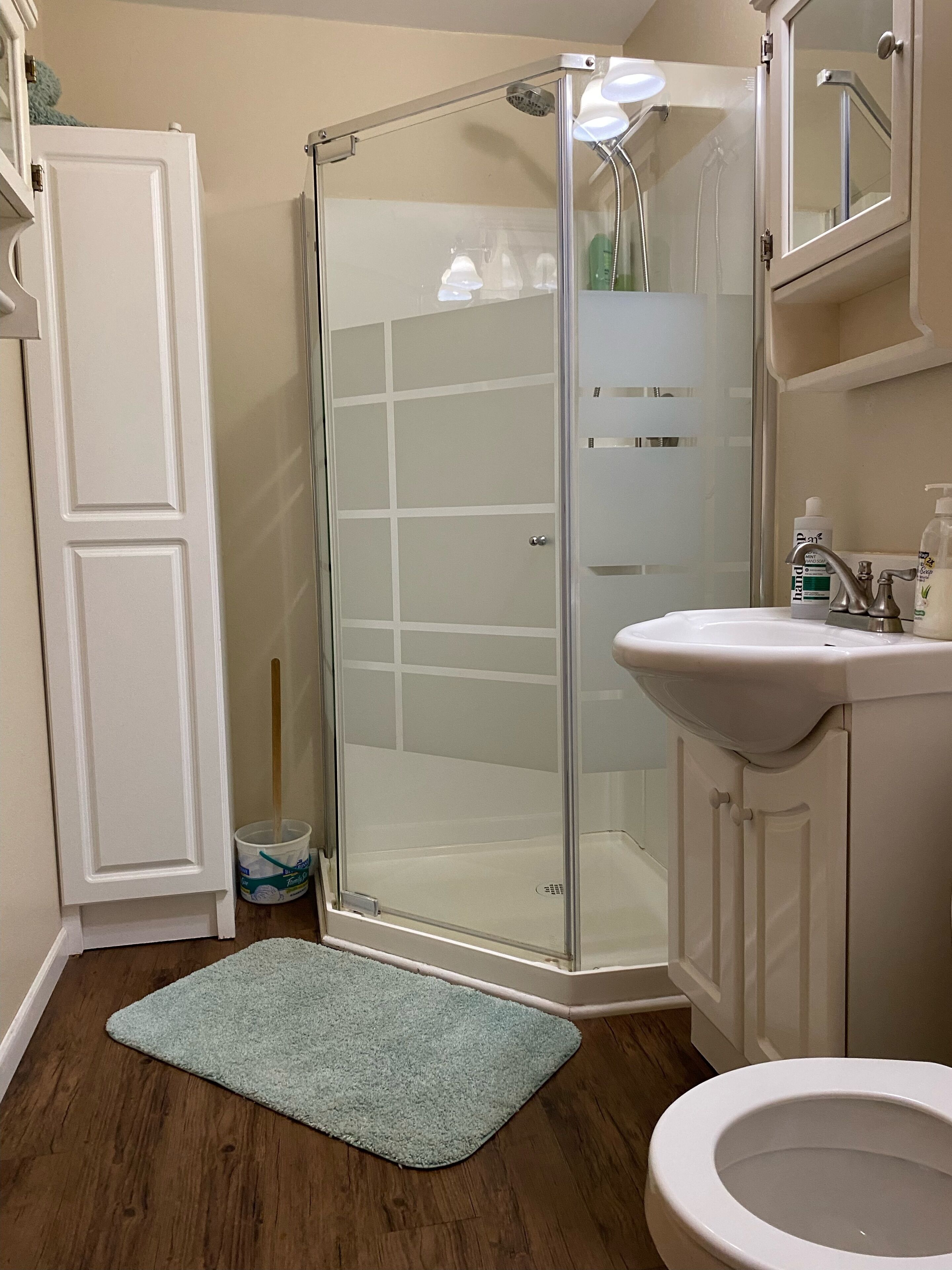 A bathroom with a glass shower enclosure, a white sink, and a toilet.