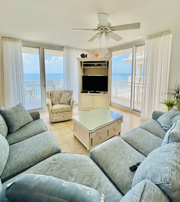 TV, DVD player, video library, stereo