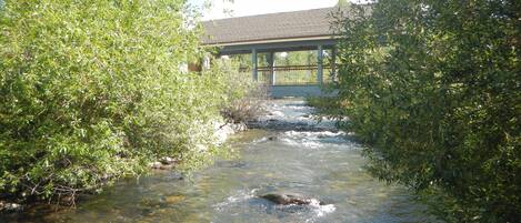 Un fiume che scorre attraverso un paesaggio naturale, con un ponte coperto sullo sfondo.