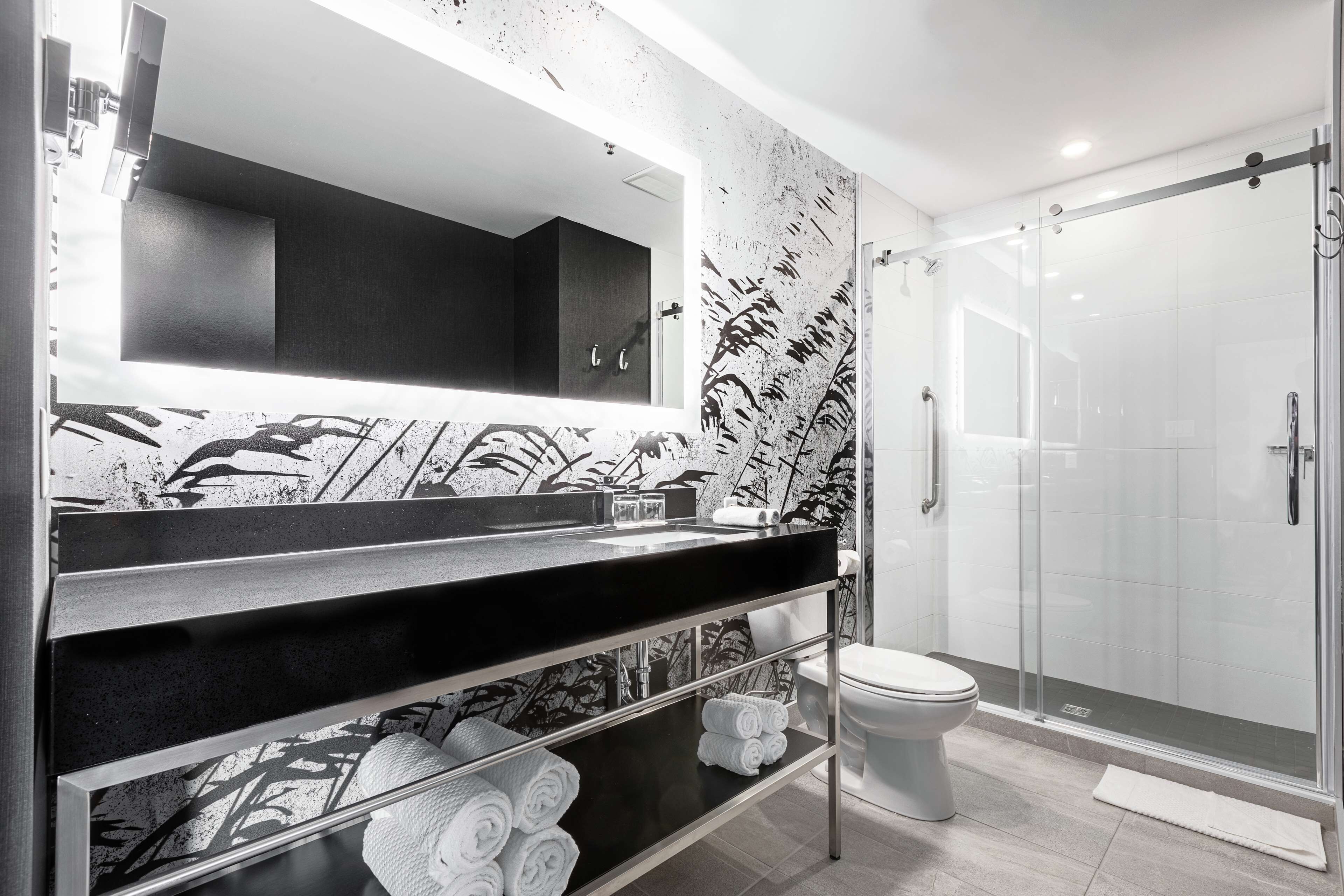 Un baño moderno con encimera negra, un espejo grande, cabina de ducha de vidrio y un inodoro.