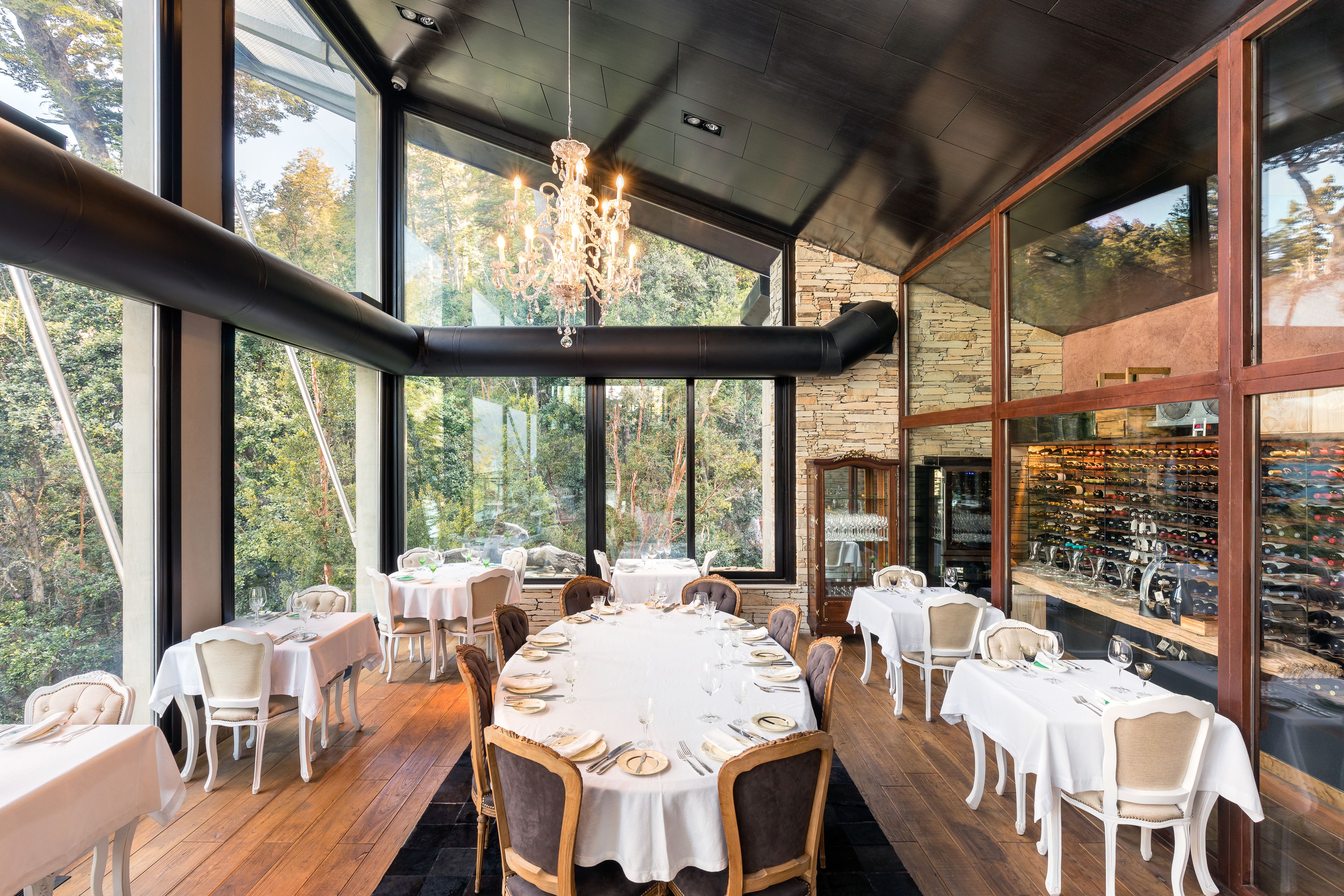 Un comedor con mesas redondas dispuestas para seis personas, rodeado de sillas. Amplias ventanas ofrecen vistas a árboles.