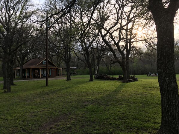 Una cabaña rústica con un porche y una mesa de picnic en un parque cubierto de césped.