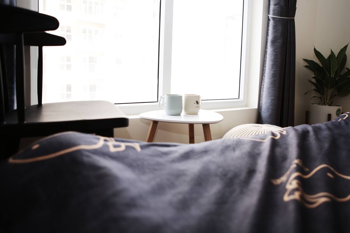 A room with a bed, a small round table with two cups, a potted plant, and a window with curtains.